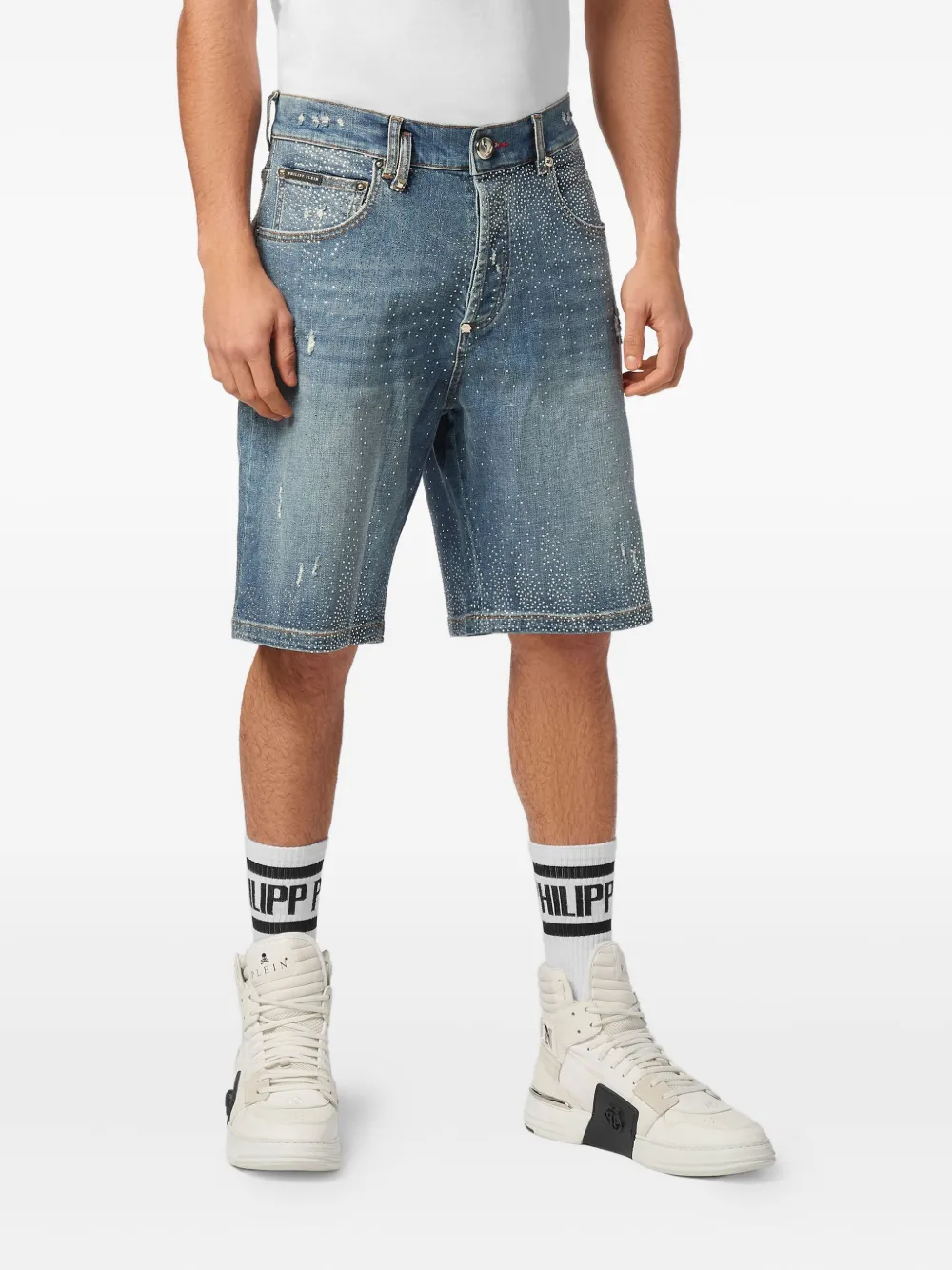 Philipp Plein Shorts verfraaid met stras Blauw