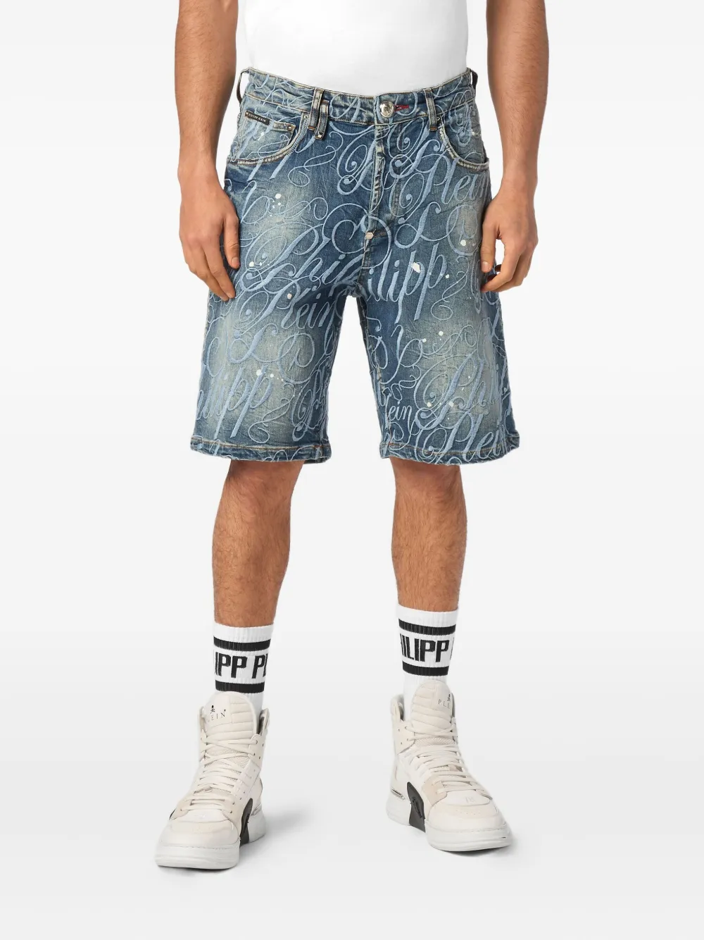 Philipp Plein Denim shorts met logoprint Blauw
