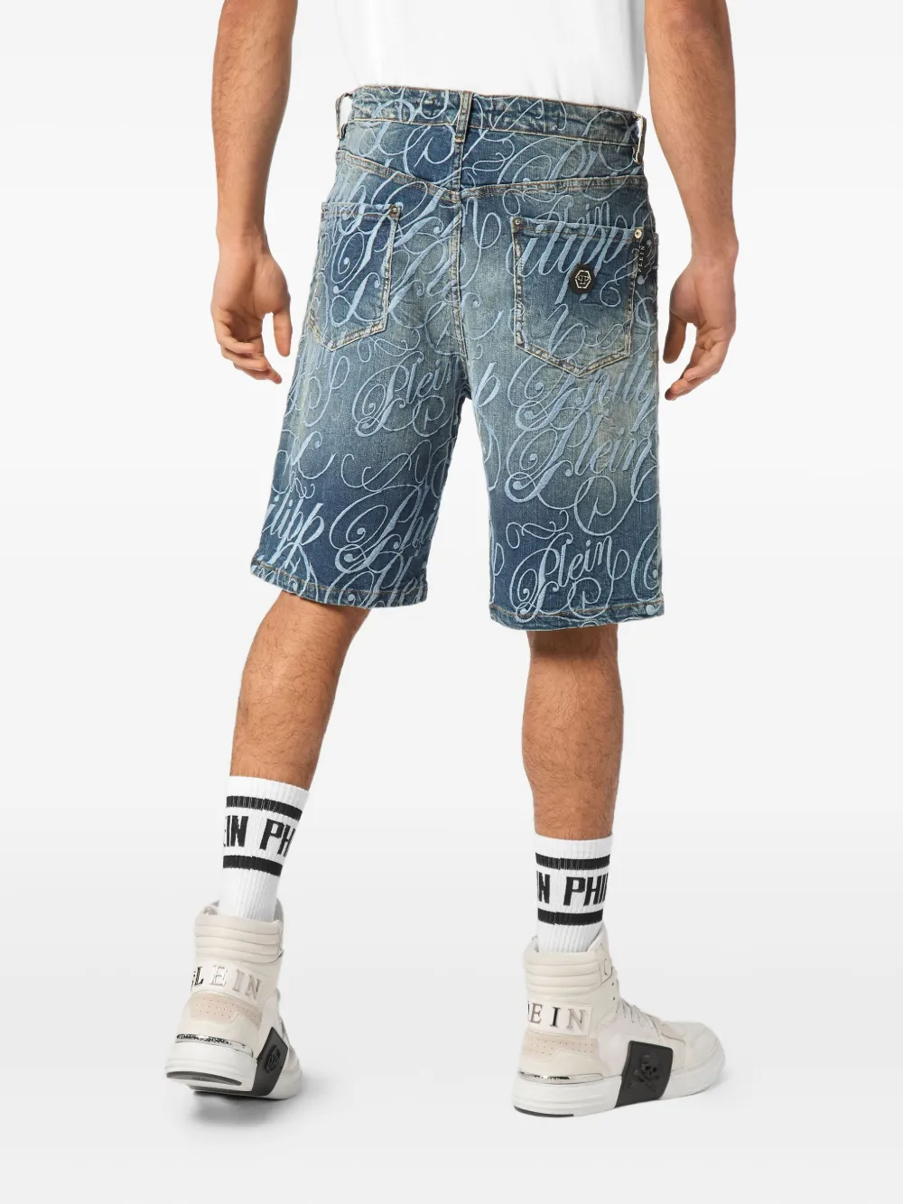 Philipp Plein Denim shorts met logoprint Blauw