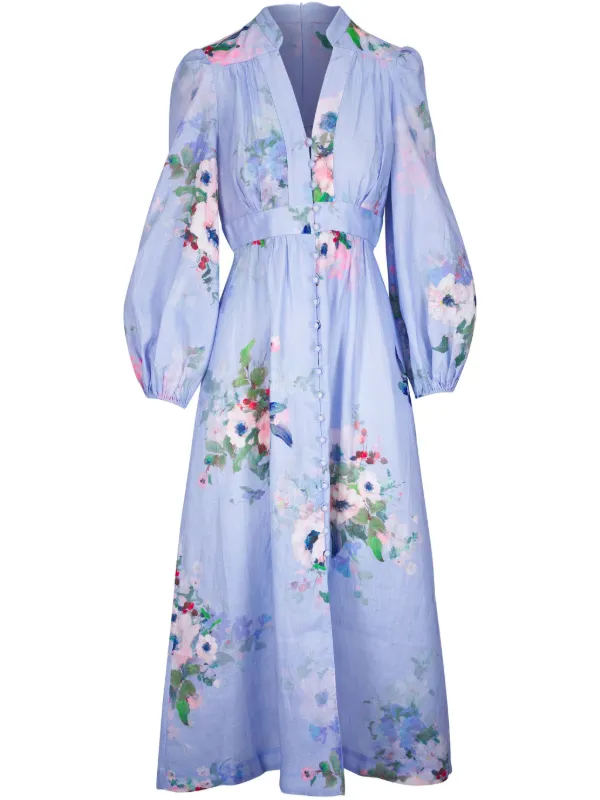 【Zimmermann】EVERLEY TIERED MIDI DRESS ティアード ミディ Everley Draped Bow Midi Dress Light Blue Watercolour Floral