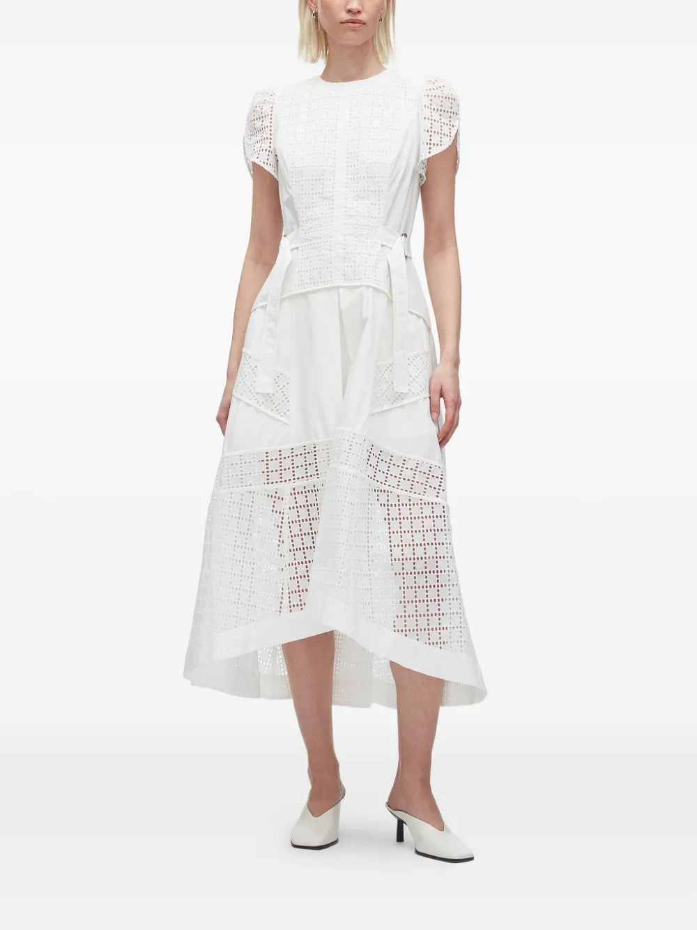 3.1 Phillip Lim Midi-jurk met geborduurde ringlets en ceintuur - Wit