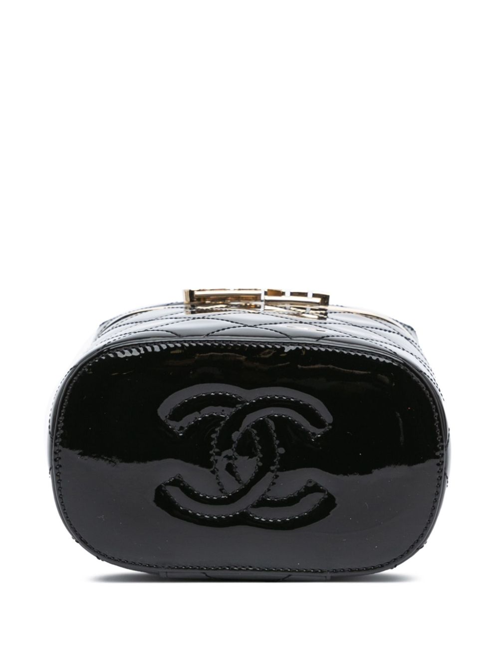 Pre-owned Chanel Quilted Patent Logo Chain Case 化妆包（2021-2024年典藏款） In Black