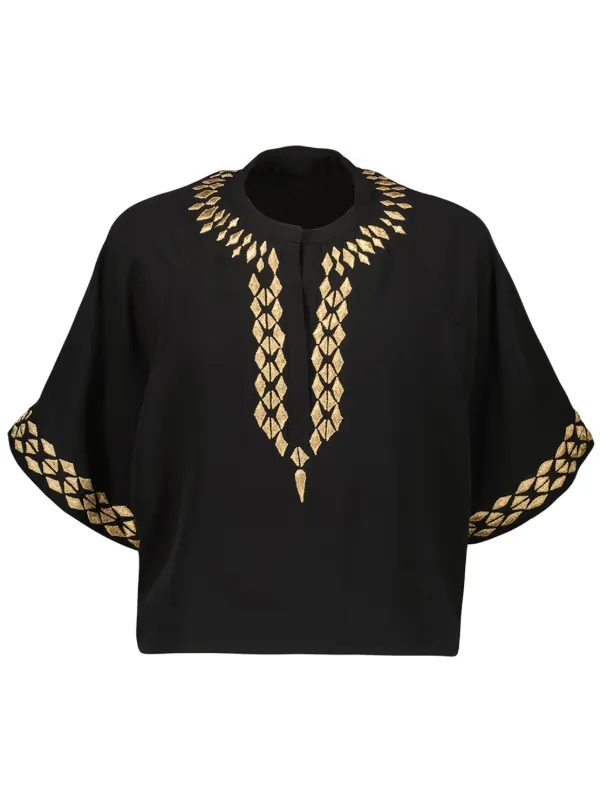 Yves Salomon Embroidered Silk Blouse in Black