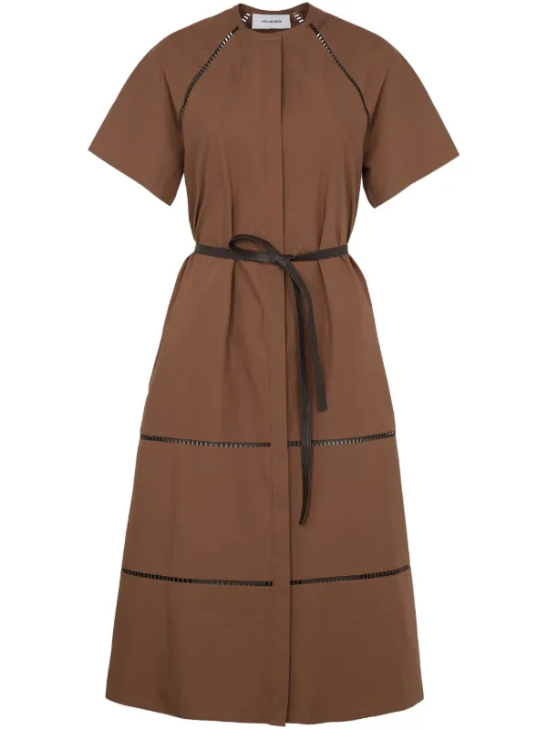 brown belted midi dress Women's Something to Behold Brown Faux Leather Short Sleeve Belted Midi Dress | Size: L