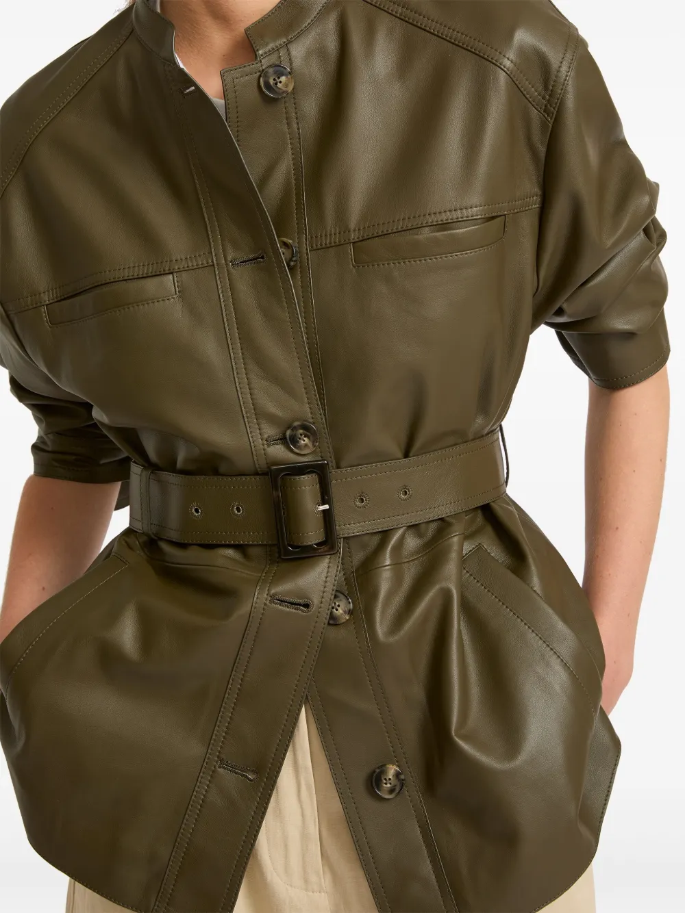 Yves Salomon Leather Belted Jacket In Green