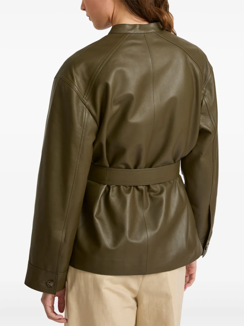 Yves Salomon Leather Belted Jacket In Green