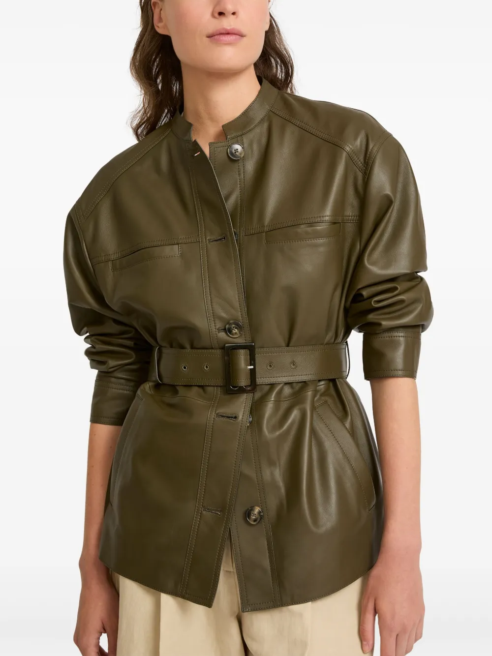 Yves Salomon Leather Belted Jacket In Green