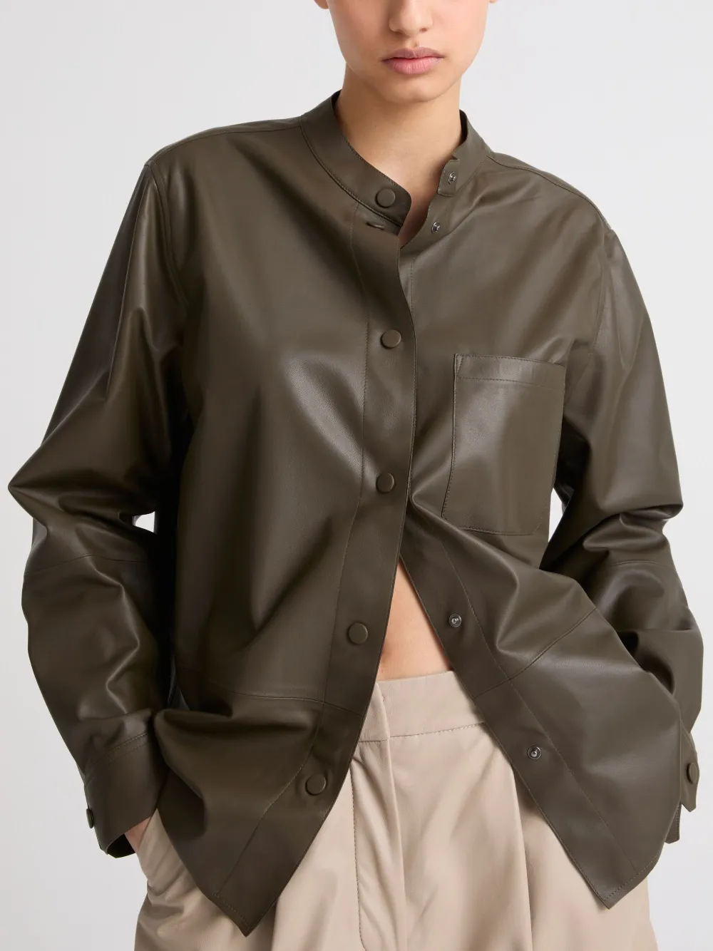 Yves Salomon Leather Overshirt In Green