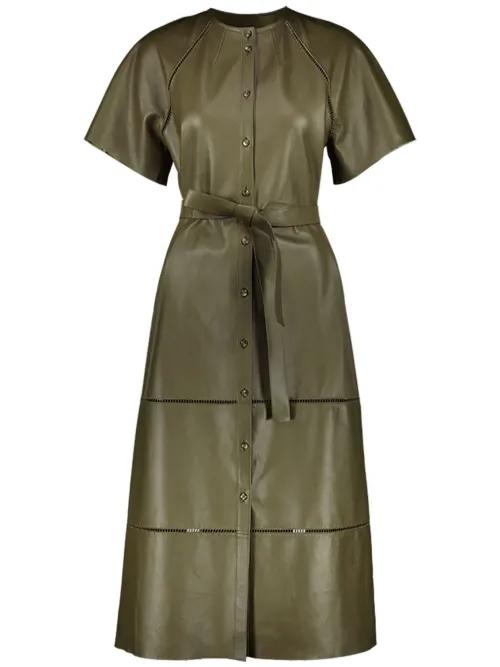Robe mi-longue en cuir à taille ceinturée - Yves Salomon - Modalova