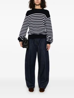 美品 KHAITE ケイト ウールニット ボーダー ホワイト ネイビー 薄手 L WOMEN カラーニットハット ネイビー