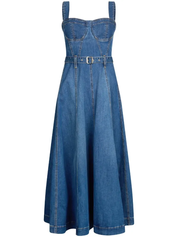 denim bustier dress MIDI weight denim material Front button detailing Raw bottom hem Two faux chest pockets Aline style Chambray Denim Corset Dress