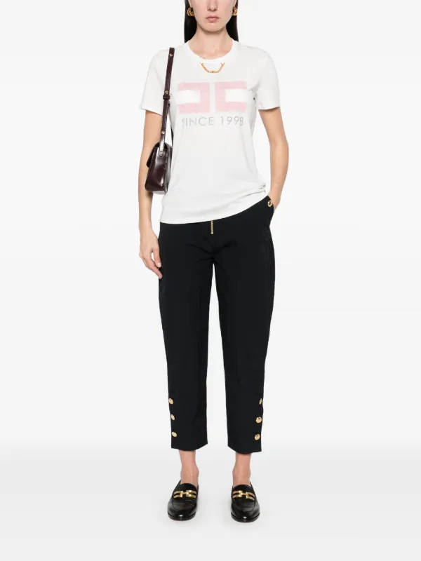 ☆ELISABETTA FRANCHI ホワイト ロゴTシャツ Elisabetta Franchi - Short Sleeve Round Neck T-Shirt Logo