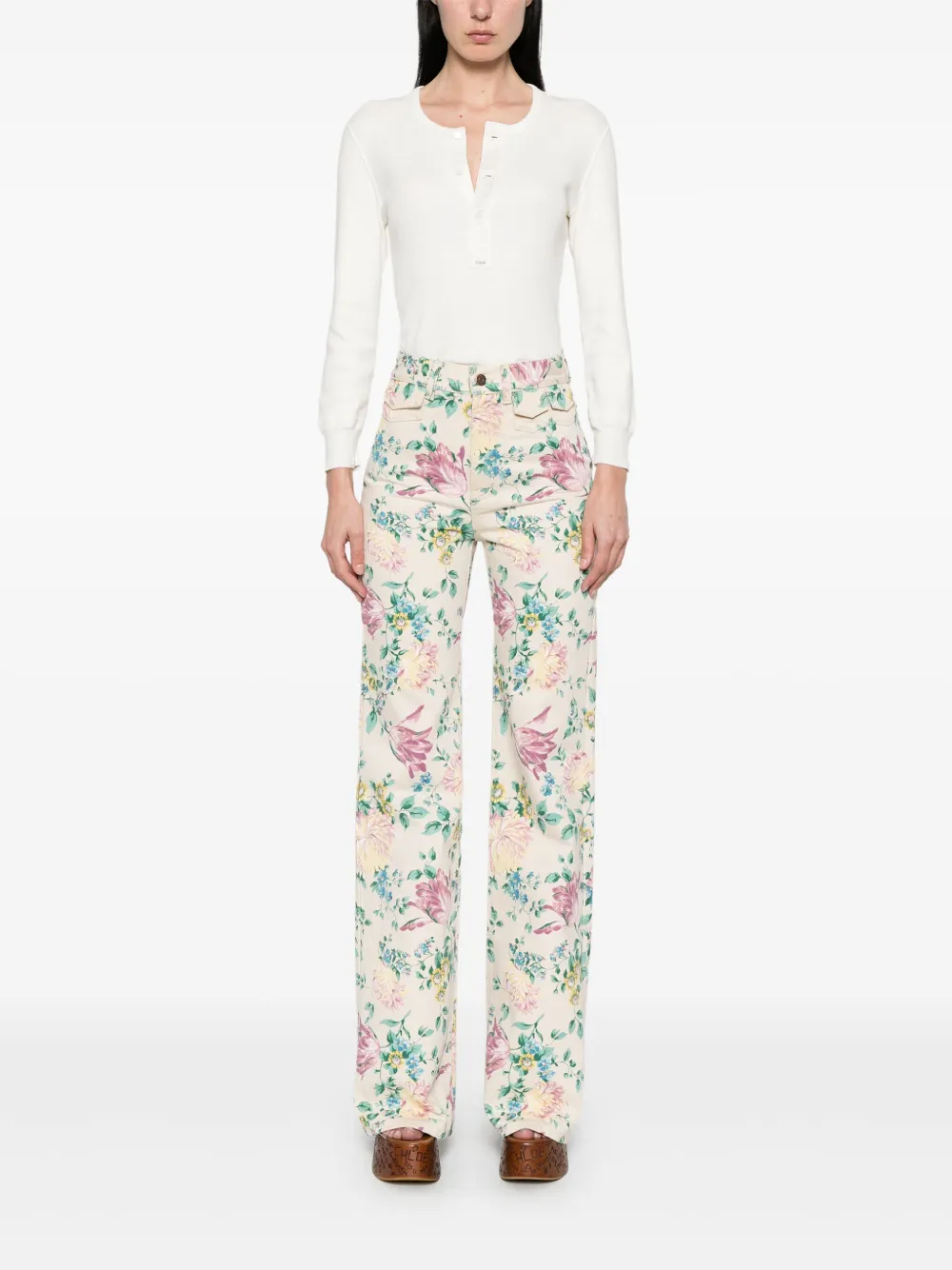 Chloé High waist jeans met bloemenprint - Beige