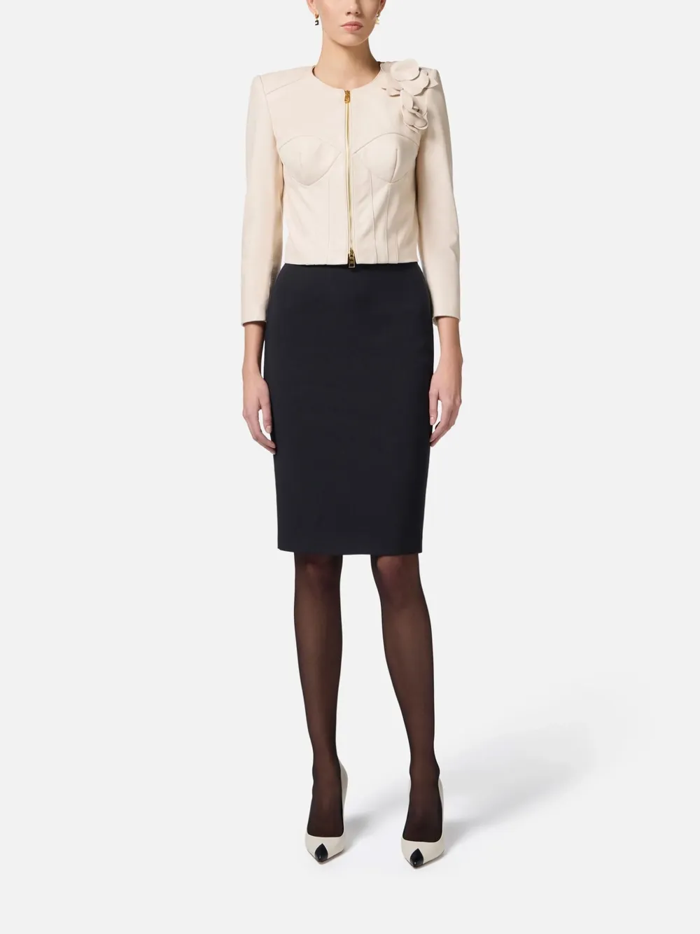 Elisabetta Franchi Leren jack met bloemapplicatie Beige