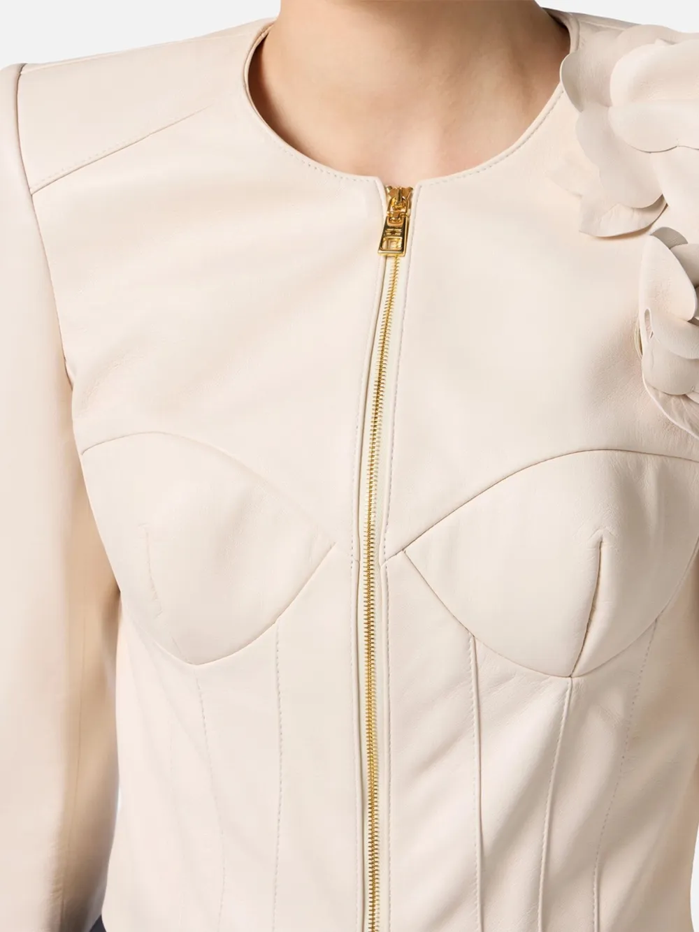 Elisabetta Franchi Leren jack met bloemapplicatie Beige