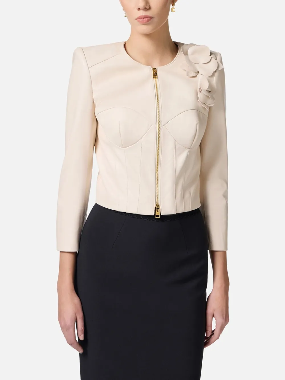 Elisabetta Franchi Leren jack met bloemapplicatie Beige