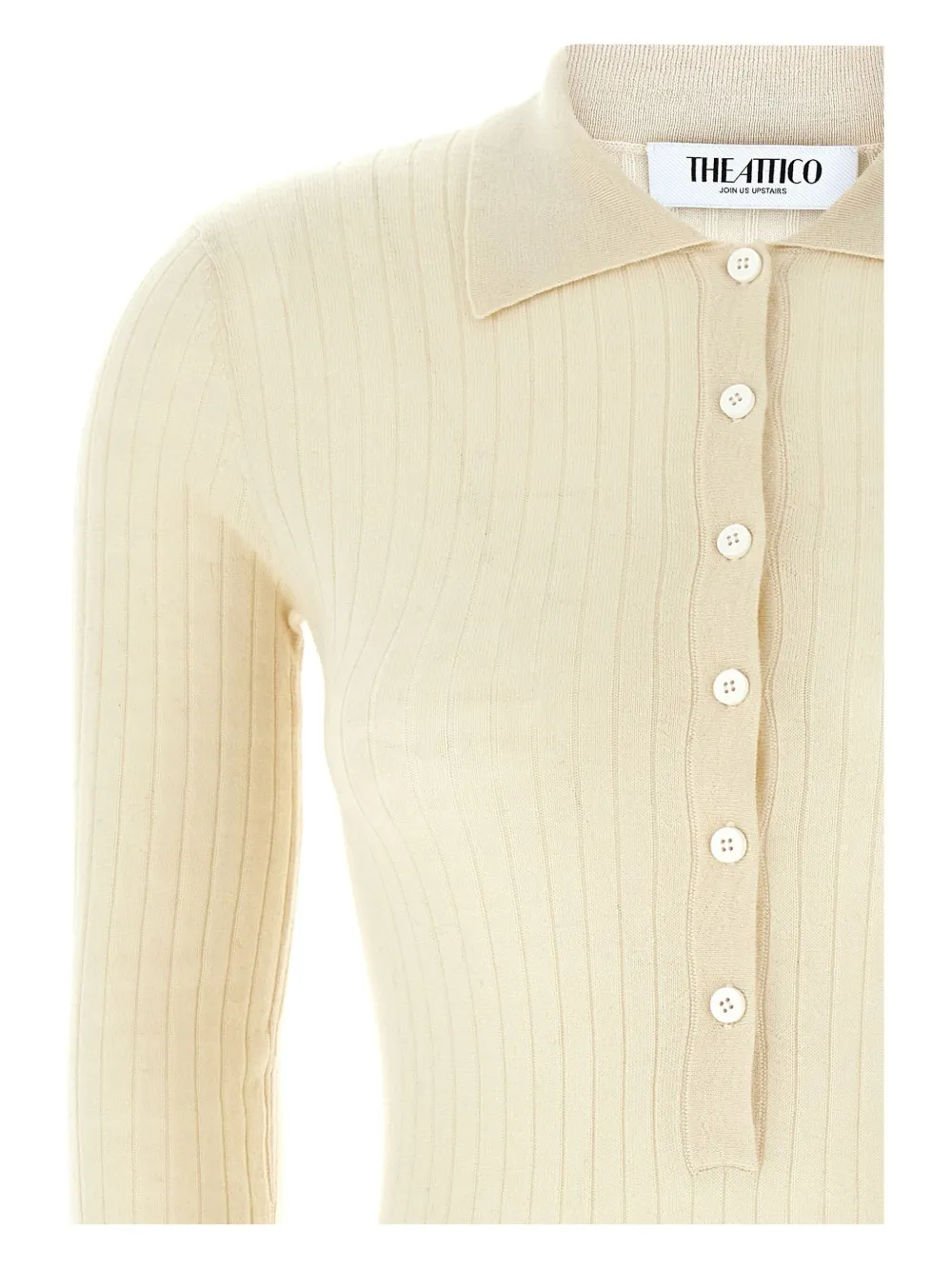 Attico Collared Ribbed Knit Sweater With Long Sleeves In White