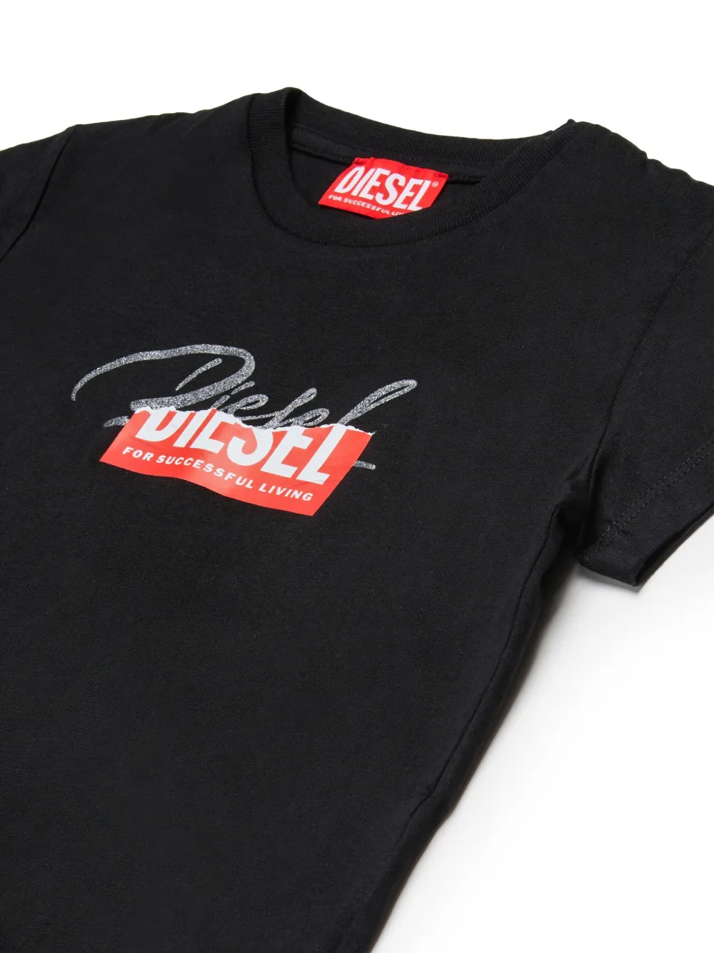 Diesel Kids Katoenen T-shirt met gerafelde logoprint Zwart