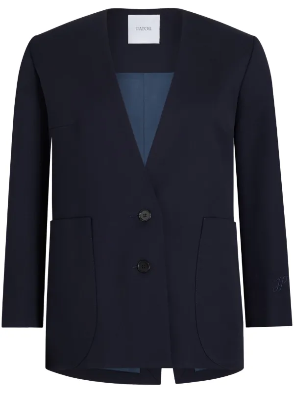 Patou Collarless Twill Jacket in Blue