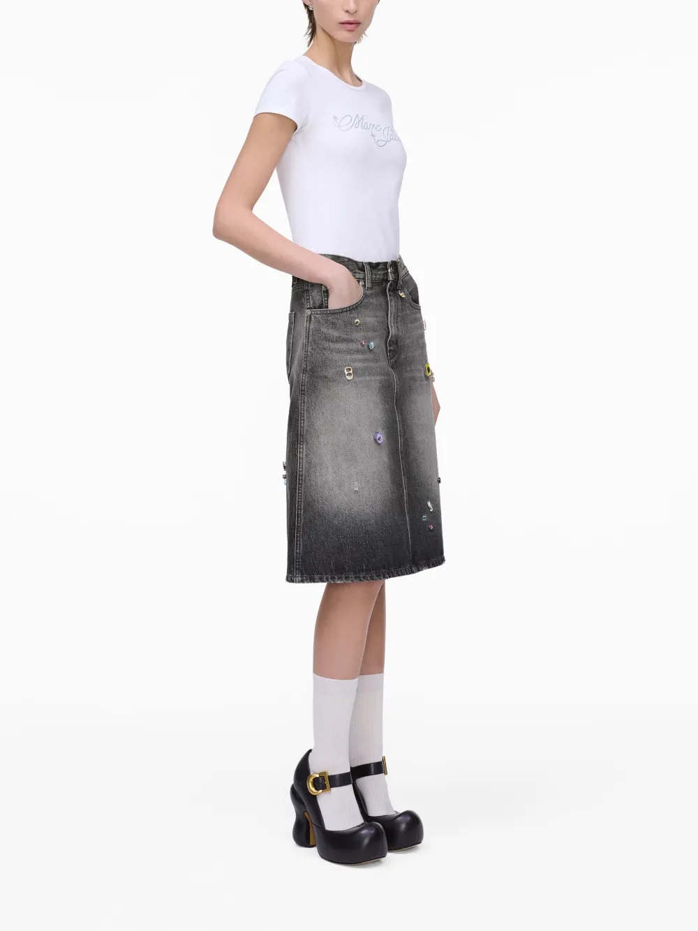 Marc Jacobs Midi Denim Skirt With Back And Front Pockets In Grey