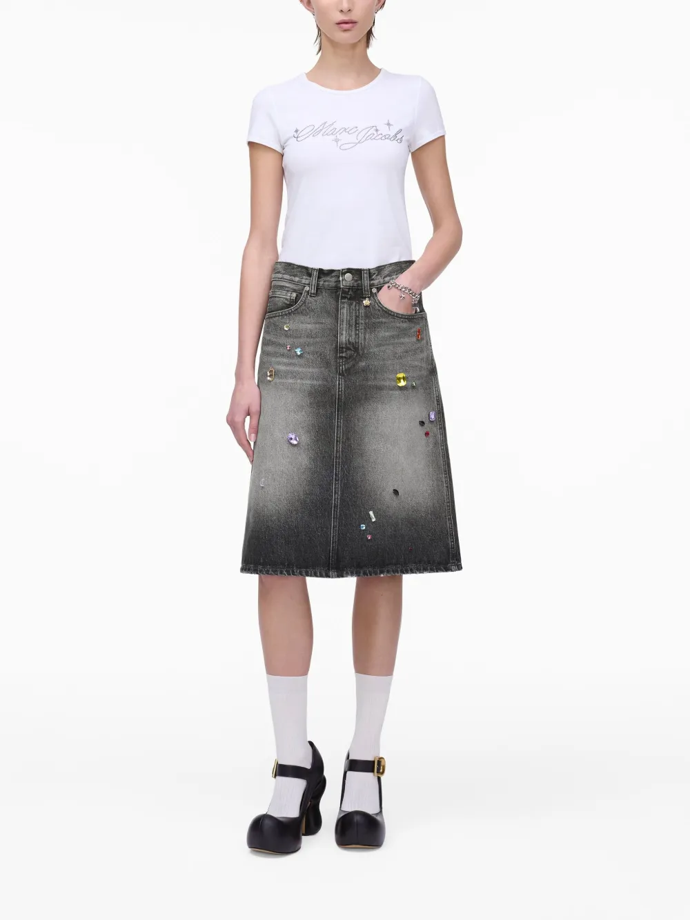 Marc Jacobs Midi Denim Skirt With Back And Front Pockets In Grey