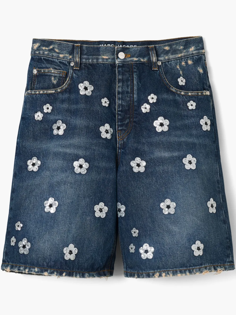 Marc Jacobs Denim Bermuda Shorts With Daisy Sequins In Blue