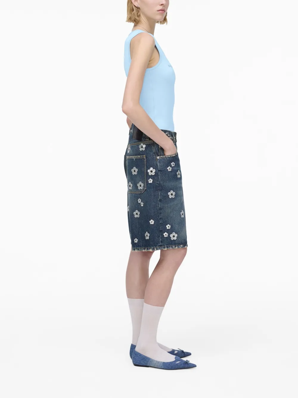Marc Jacobs Denim Bermuda Shorts With Daisy Sequins In Blue