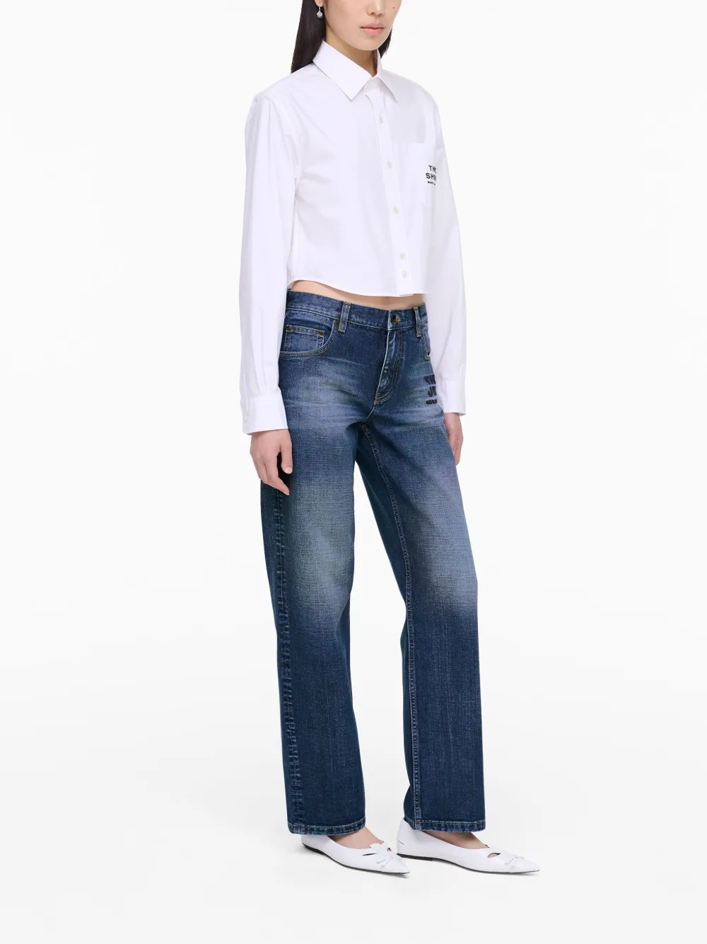 Marc Jacobs Womens The Cropped Text-embroidery Cotton Shirt White In White