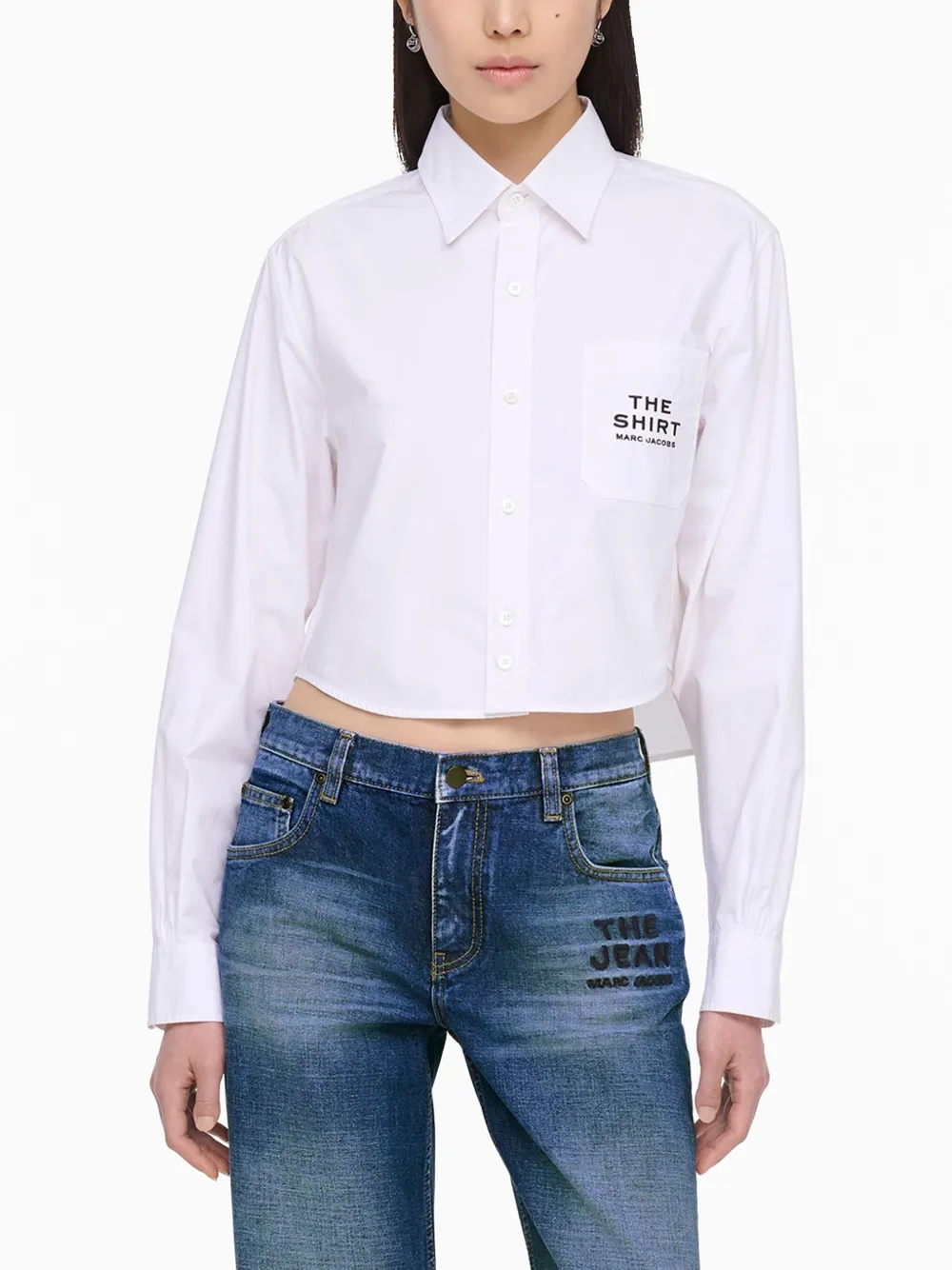 Marc Jacobs Womens The Cropped Text-embroidery Cotton Shirt White In White