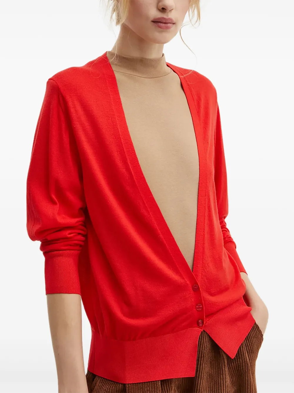 Hugo Boss V-neck Knitted Cardigan In Virgin Wool In Red
