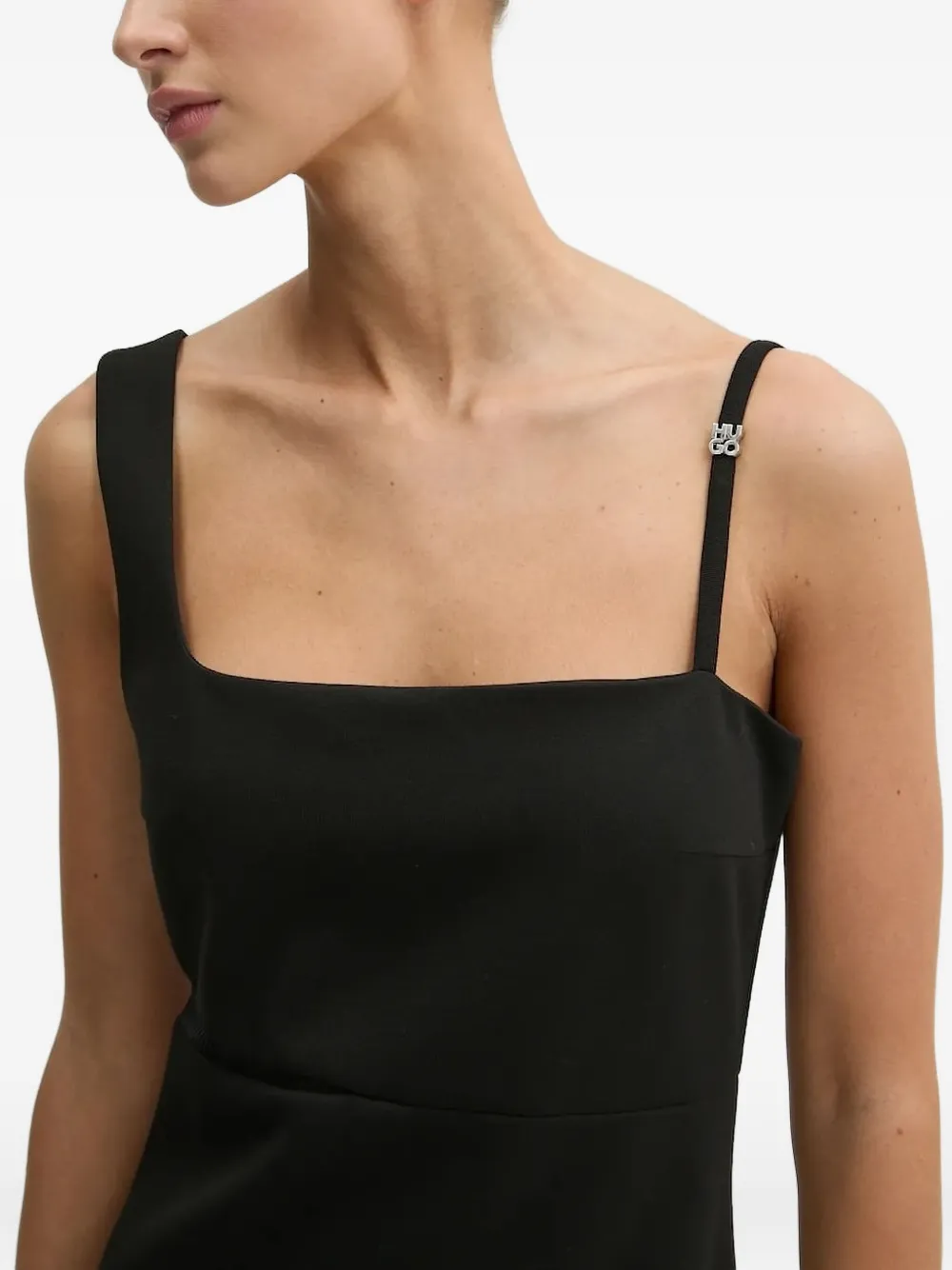 Hugo Boss Square-neck Mesh-insert Midi Dress In Black