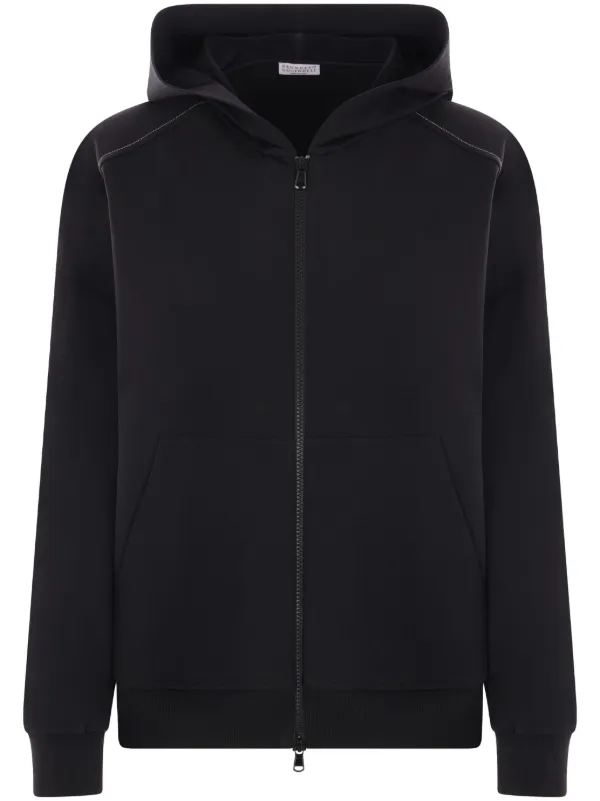 Brunello Cucinelli Stretch Cotton Lightweight French Terry Hoodie with Zipper and Shiny Monili Trims in Black