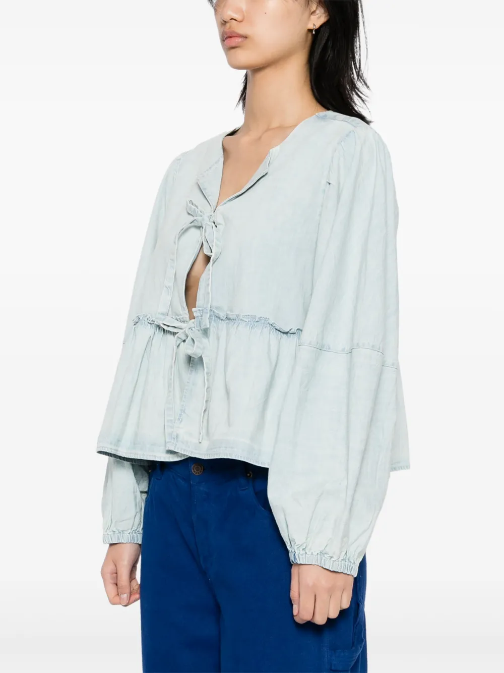 Shop Free People Denim Brunch Babe Blouse In Blue