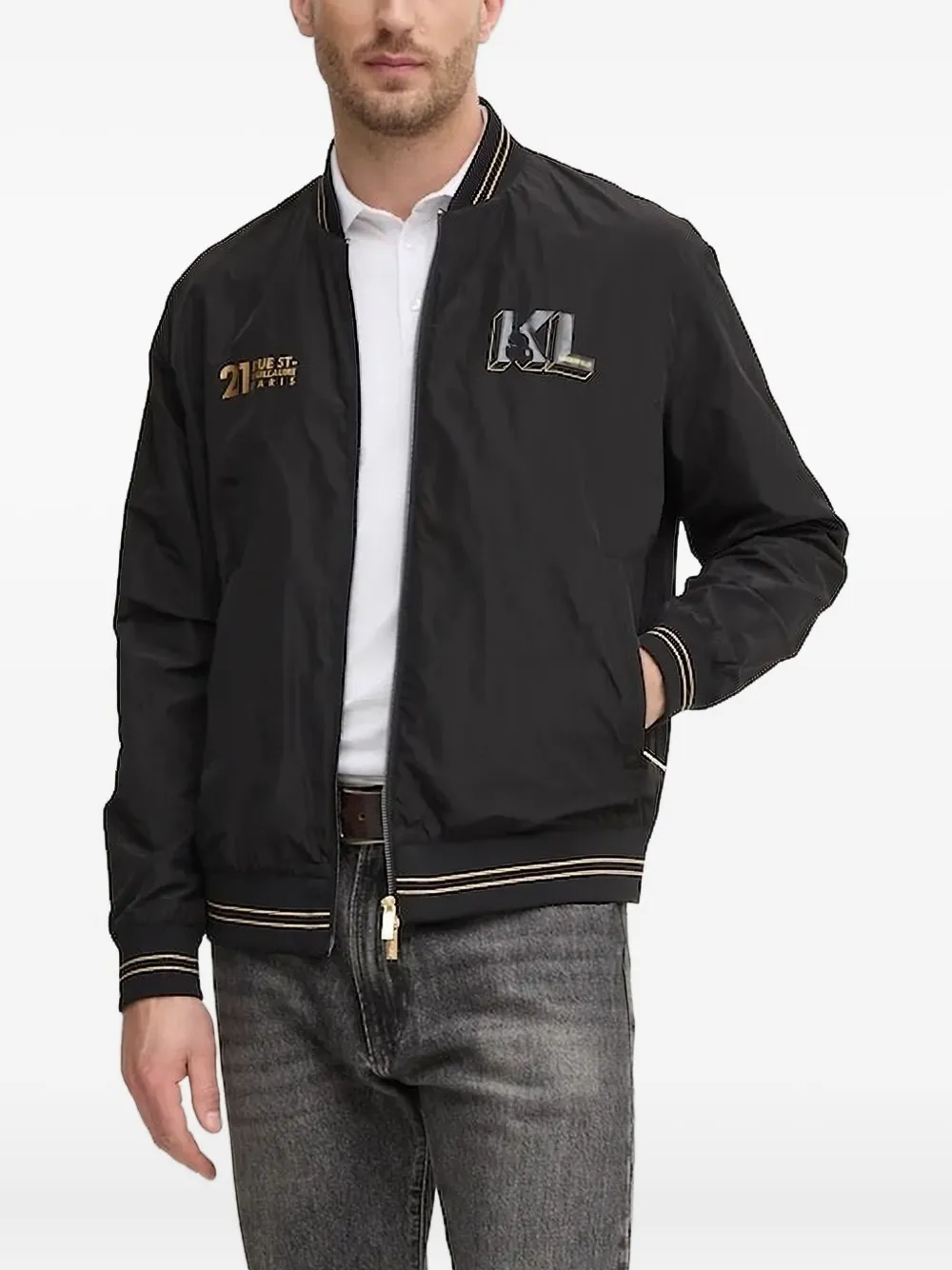 Karl Lagerfeld Bomberjack met logodetail en geribbelde afwerking Zwart