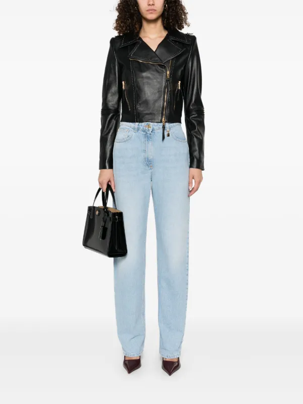 【ELISABETTA FRANCHI】レザー エフェクト ジャケット ロゴ付き Elisabetta Franchi contrasting-stitching Biker Jacket