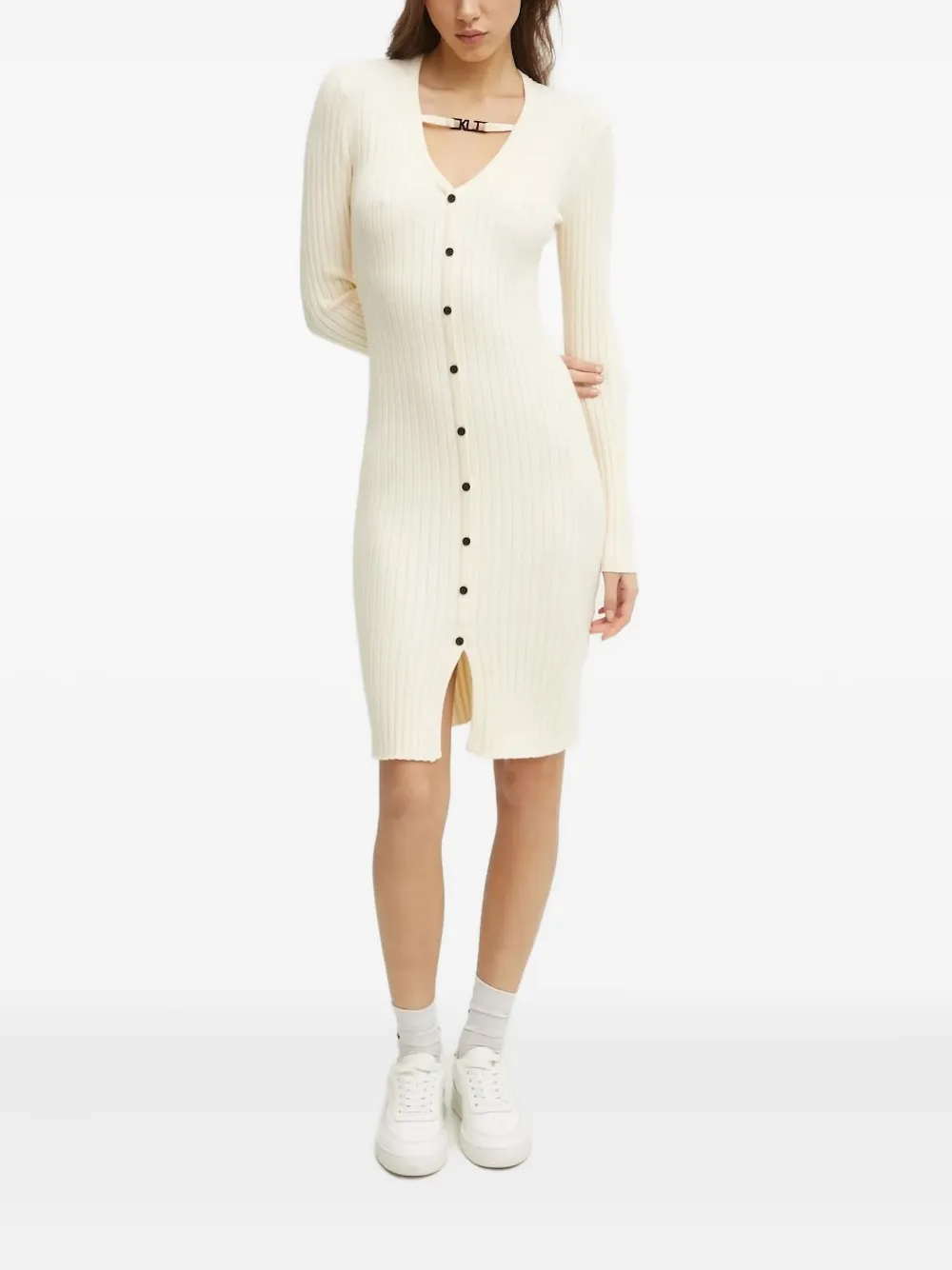 Karl Lagerfeld Jeans Ribbed Button-front Midi Dress In Neutral