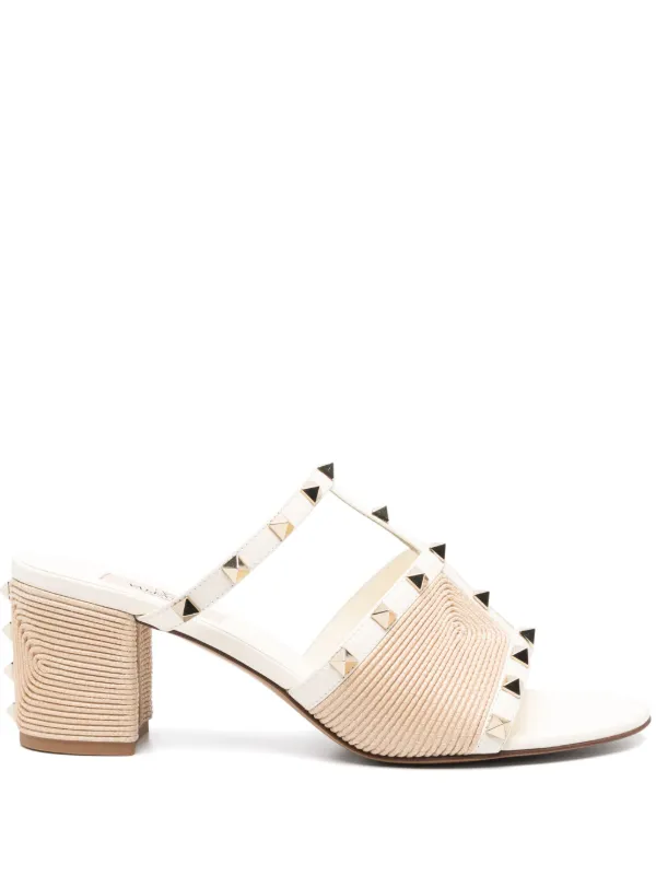 Valentino Garavani Rockstud Slide Sandals in Calfskin with Cornely Embroidery 60mm in White