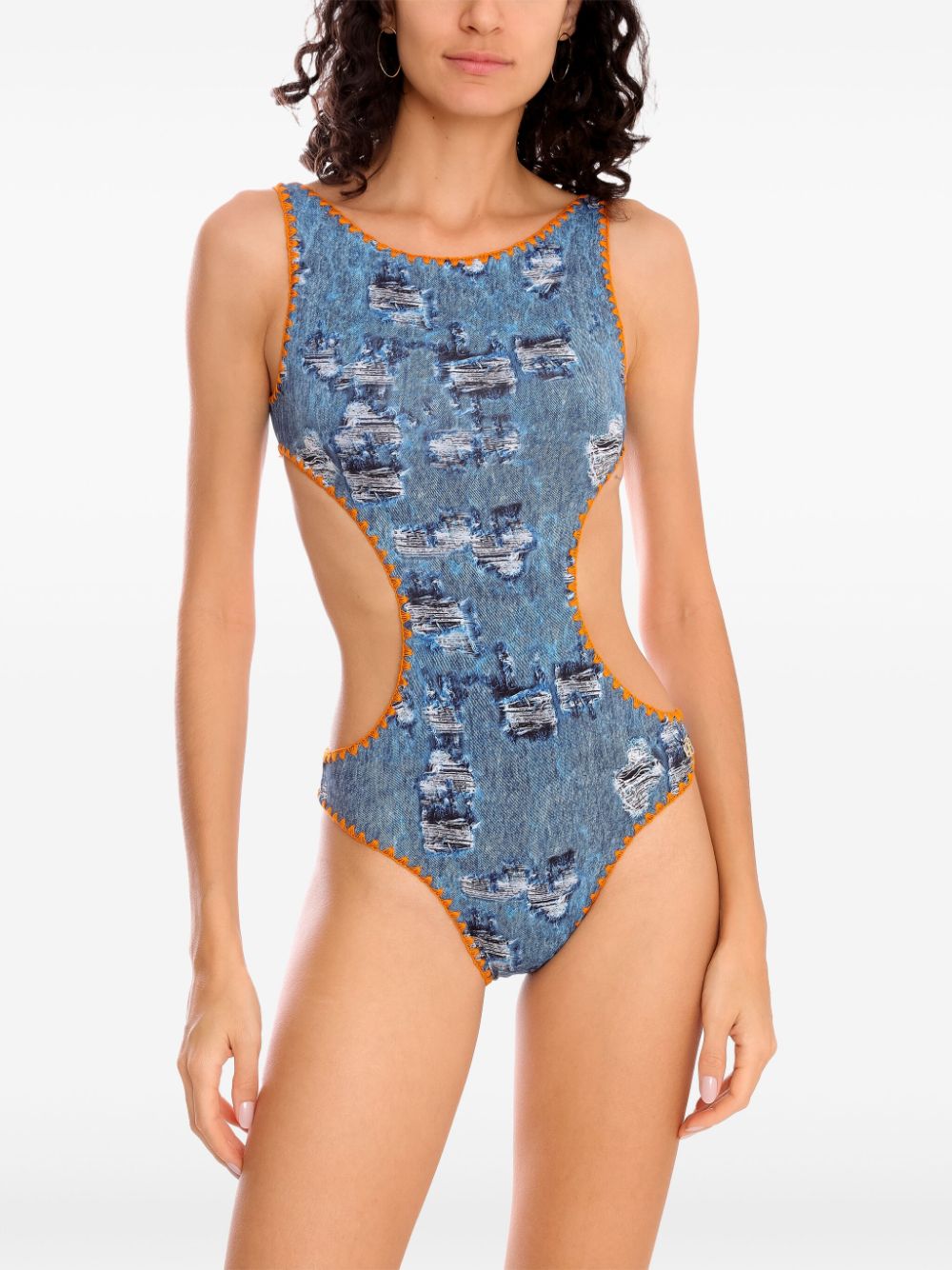 Brigitte denim-print swimsuit - Blauw