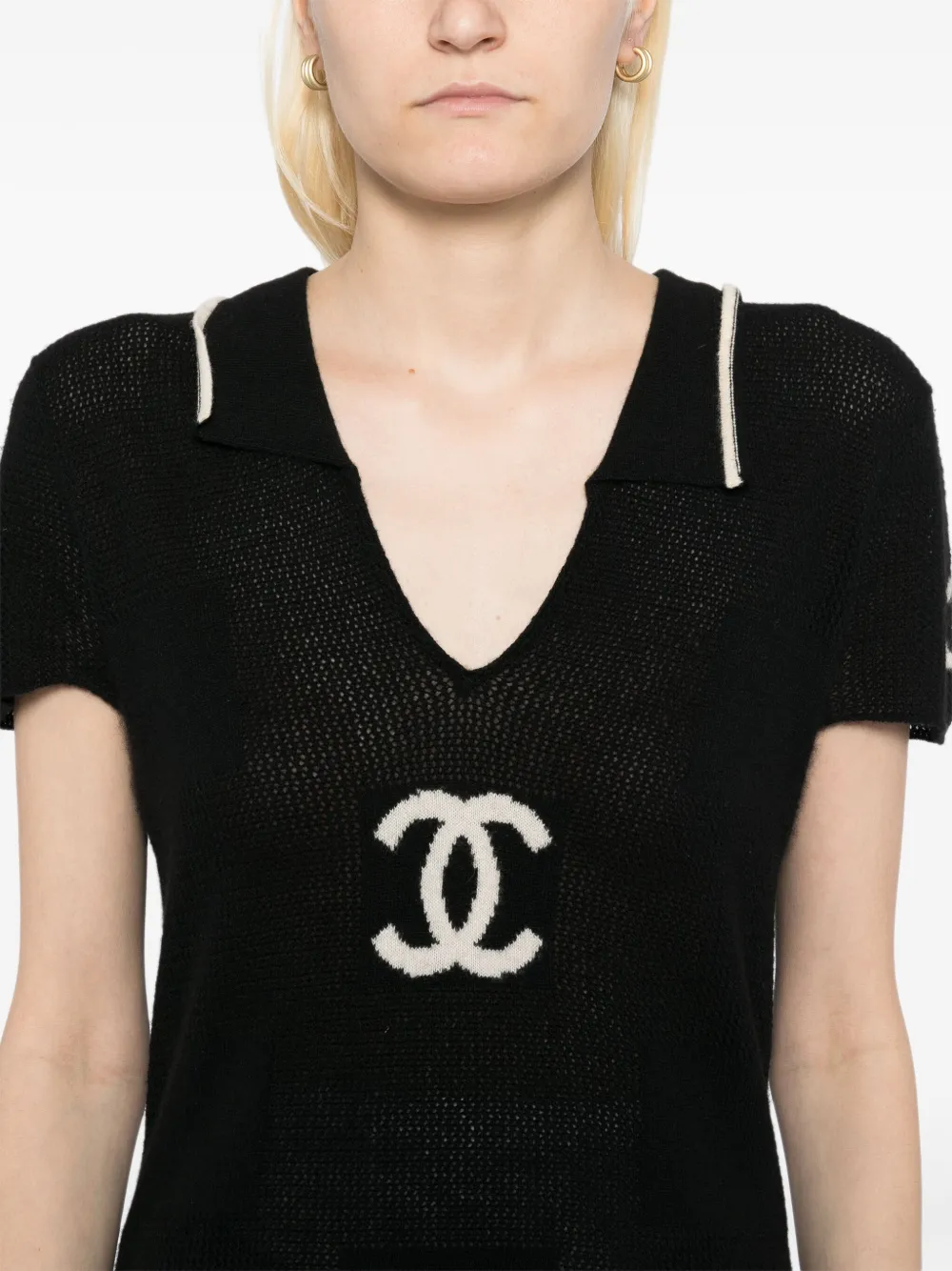Pre-owned Chanel 2001 Short Sleeve Sweater Knit Top In Black