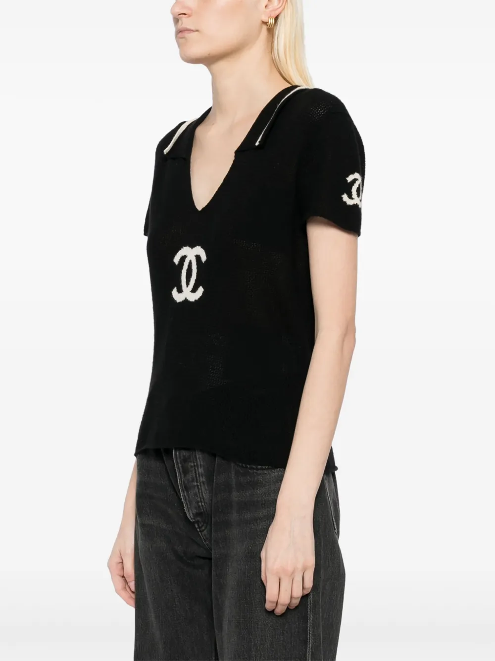 Pre-owned Chanel 2001 Short Sleeve Sweater Knit Top In Black