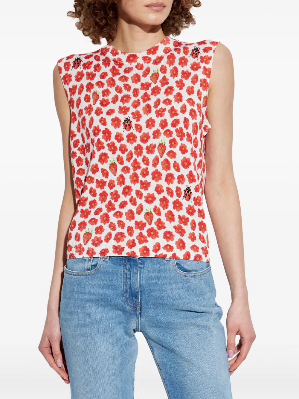 Versace Strawberry Garden Print Silk Knit Tank Top In Red