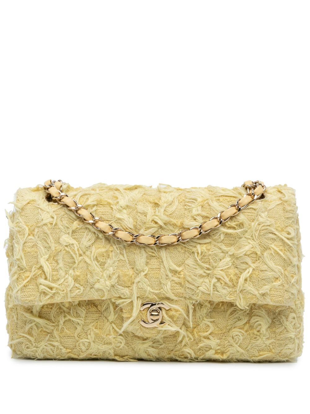 Pre-owned Chanel Medium Classic Fringed Tweed Double Flap 单肩包（2020年典藏款） In Yellow