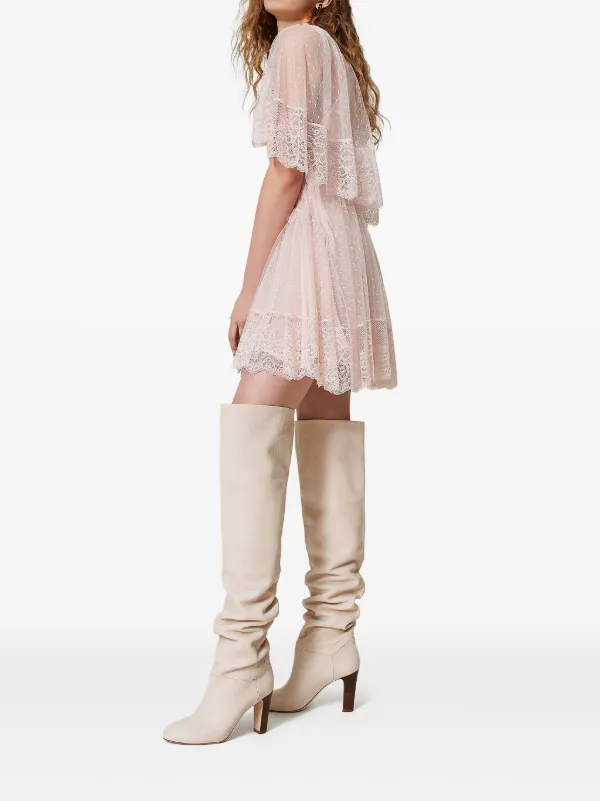 lavender lace mini dress Lavender Floral Mini Dress - Lace Trim Ruffle V-Neck Cotton Dress
