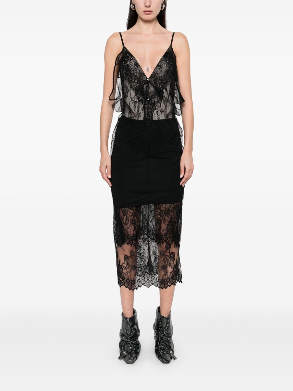 The Attico lace-panel midi skirt - Zwart