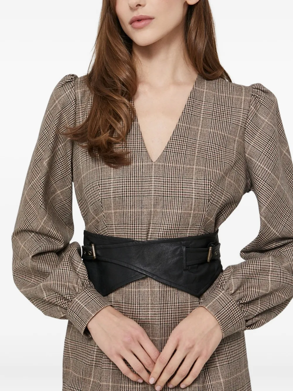 Twinset Checked-print Puff-sleeve Mini Dress In Brown
