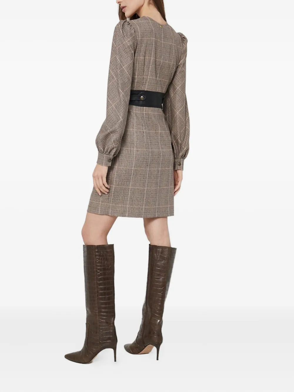 Twinset Checked-print Puff-sleeve Mini Dress In Brown