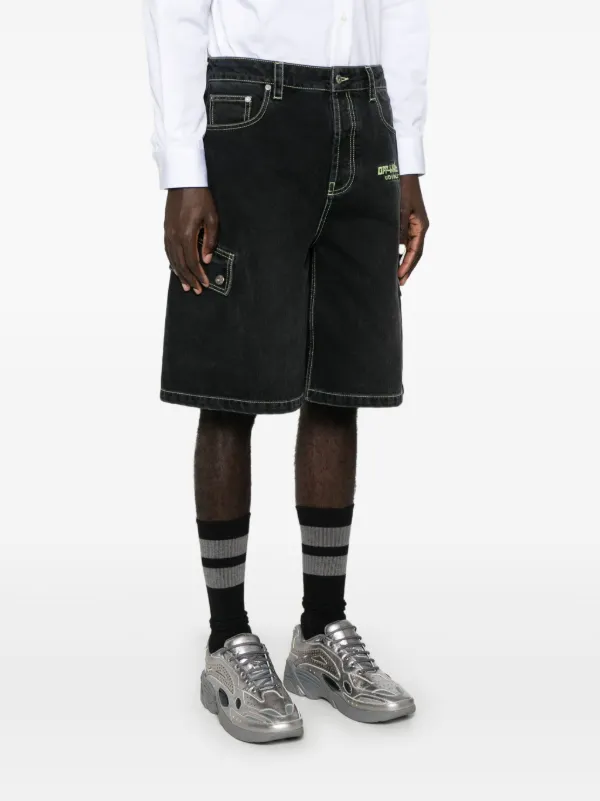 OFF-WHITE DENIM デニム ショーツ オフホワイト Off-White logo-embroidered Denim Shorts | Black | FARFETCH PH