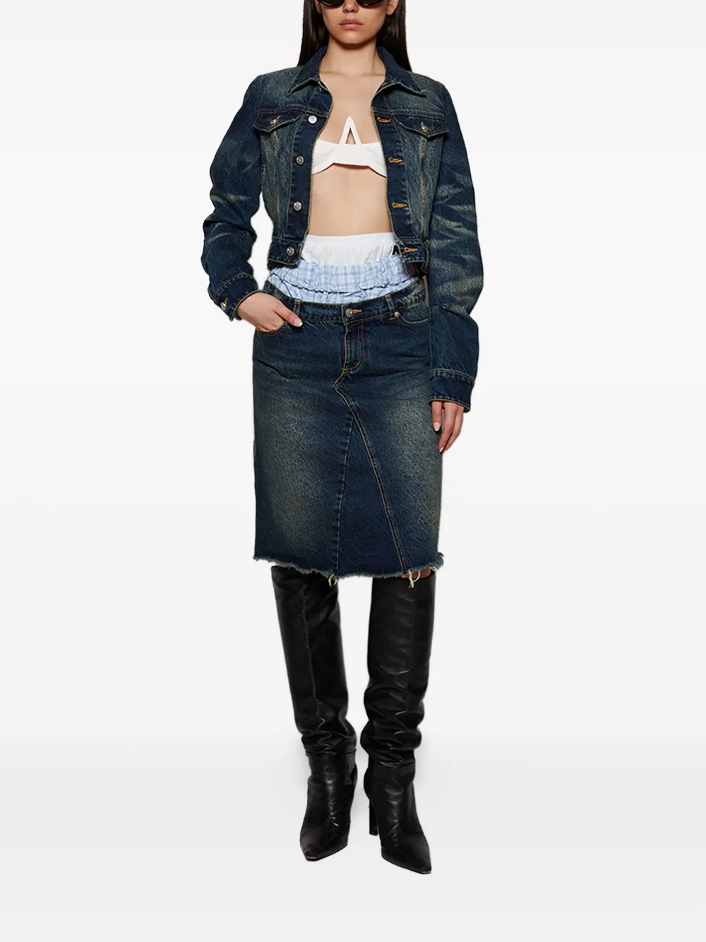 Natasha Zinko frayed triple-waist denim skirt Blauw