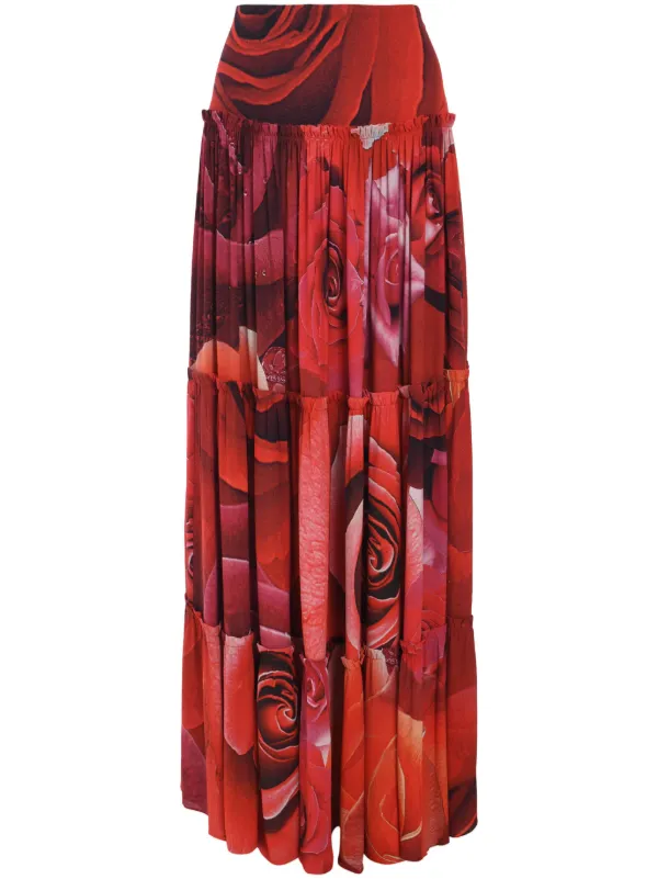 スカート ROBERTO CAVALLI SKIRT Roberto Cavalli Rose-print Maxi Skirt | Red | FARFETCH