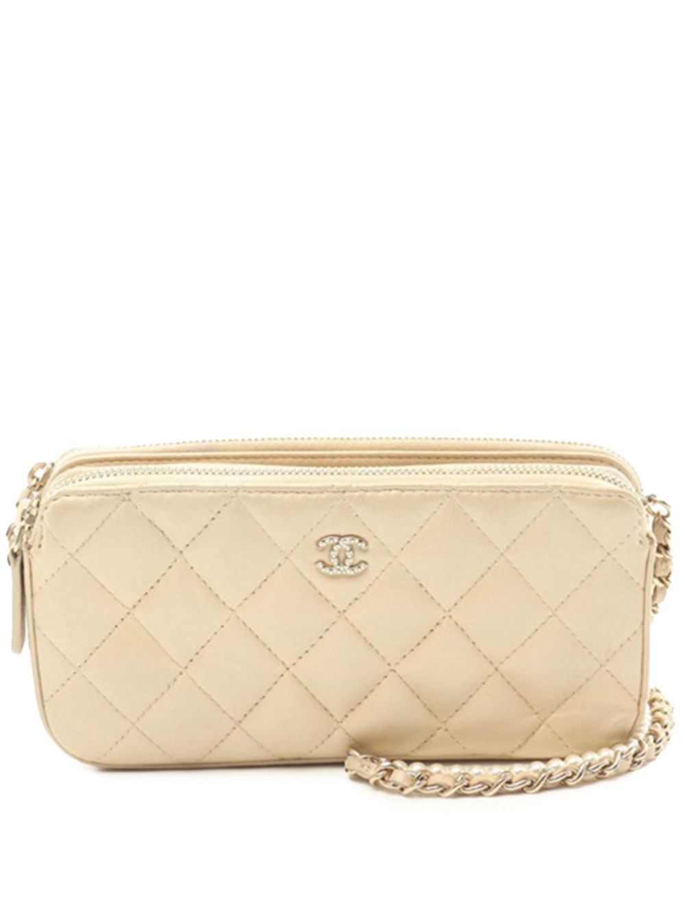 2018-2019 Quilted Iridescent Lambskin Double Zip Pearl Clutch On Chain crossbody bag